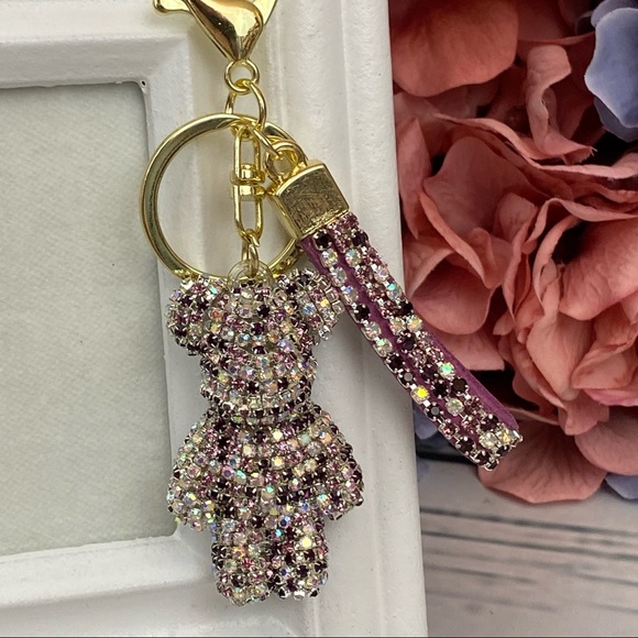 Multicolor Purple Crystal & Leather Strap Bear Keychain - Picture 3 of 13